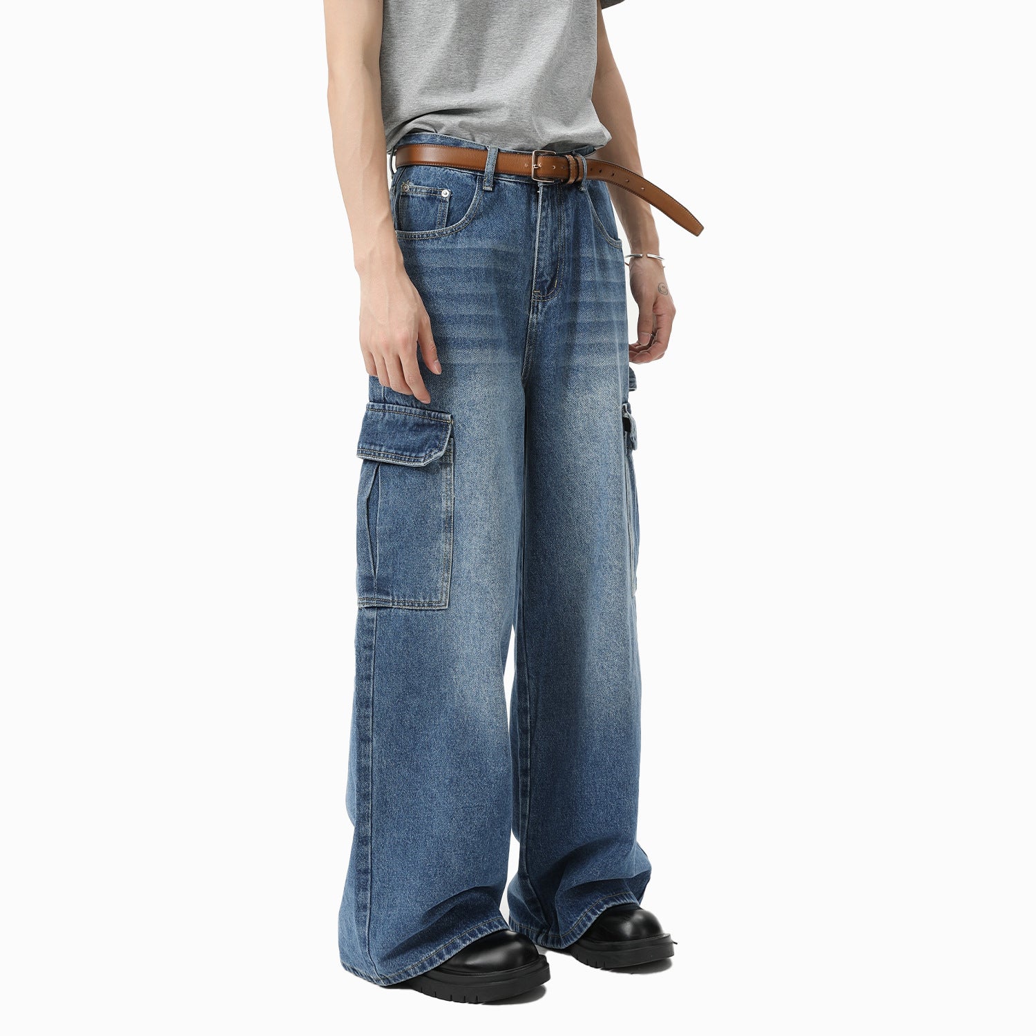 Bleached Wide-Leg Multi-Pocket Work Pants
