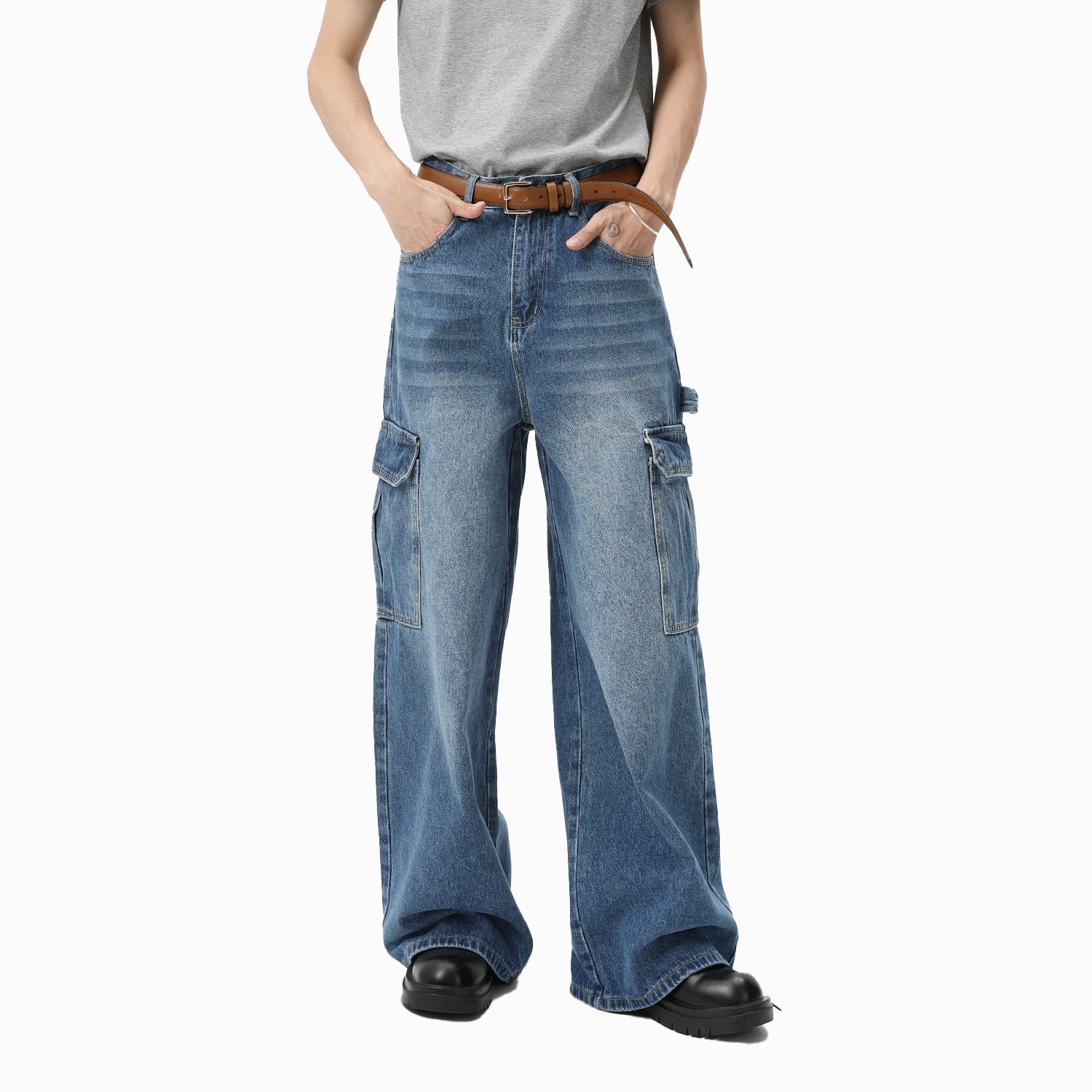 Bleached Wide-Leg Multi-Pocket Work Pants