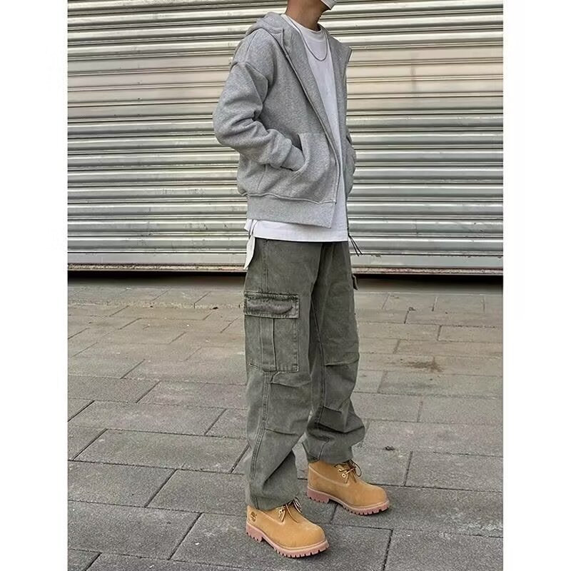 Heavy Stone Wash Straight Denim Trousers
