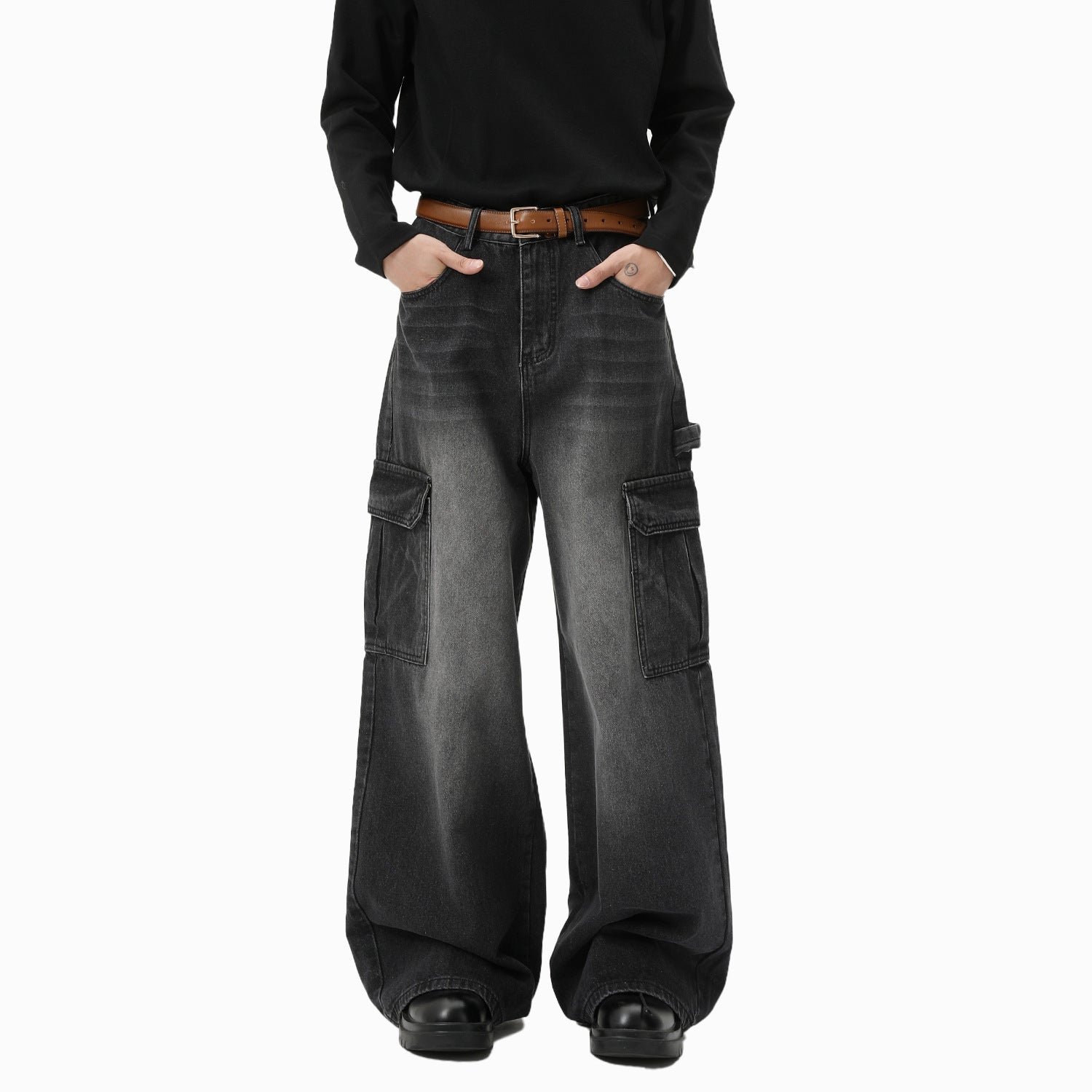 Bleached Wide-Leg Multi-Pocket Work Pants