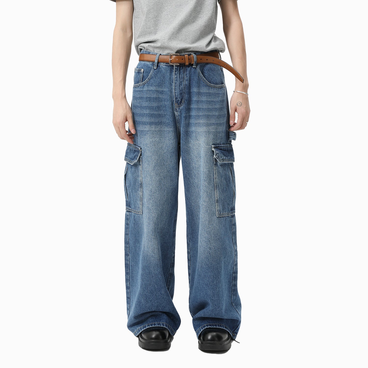 Bleached Wide-Leg Multi-Pocket Work Pants